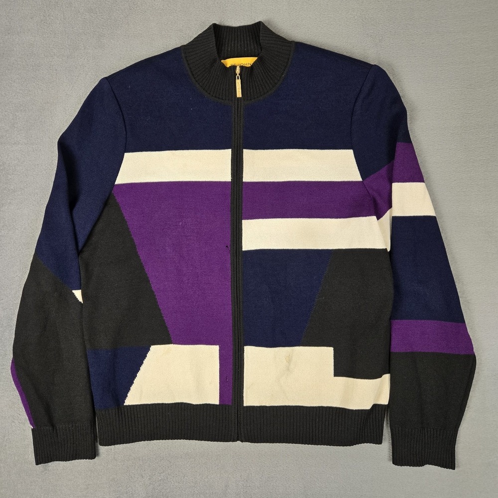 ST. JOHN Jacket Womens Large Color Block Abstract Wool‎ Cardigan Sweater *READ